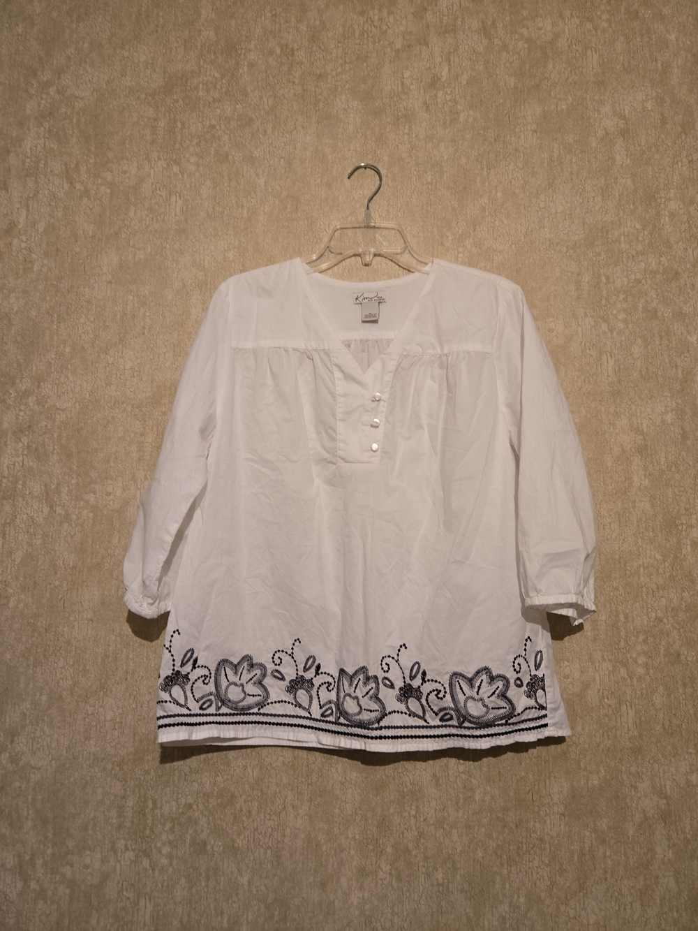 Kim Rogers 100% Cotton White Tunic with Navy Floral Hem Embroidery